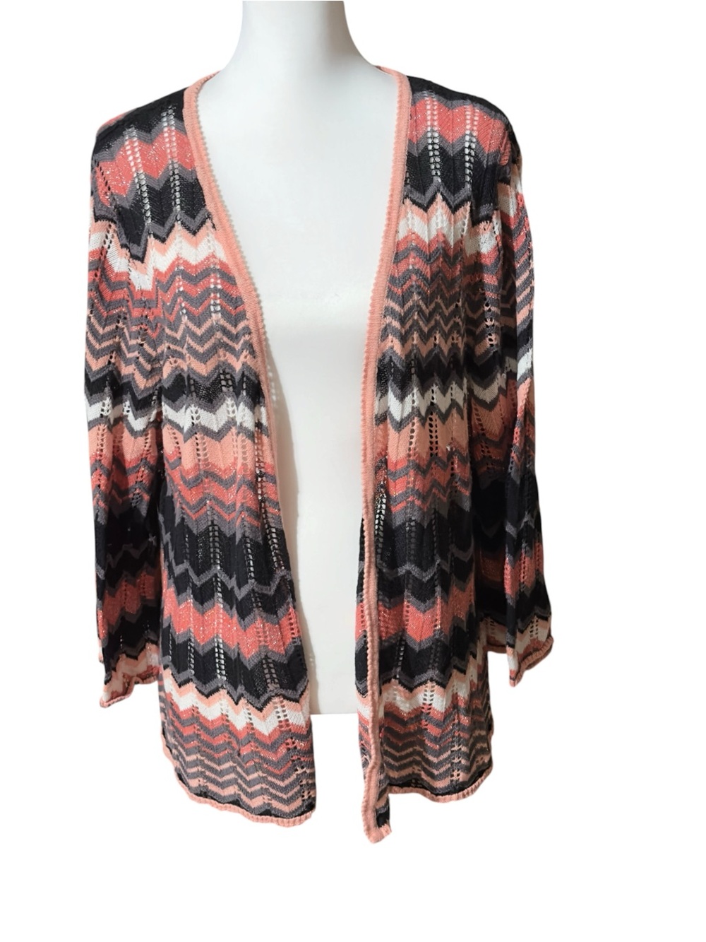 Elementz Open-Front Chevron Cardigan in Coral, Black, Gray & White Sz XL